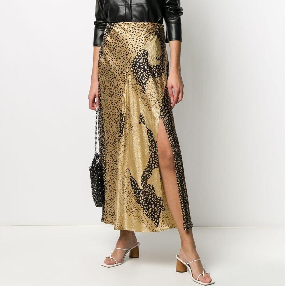 RIXO Gold and Black Leopard Print Midi Skirt